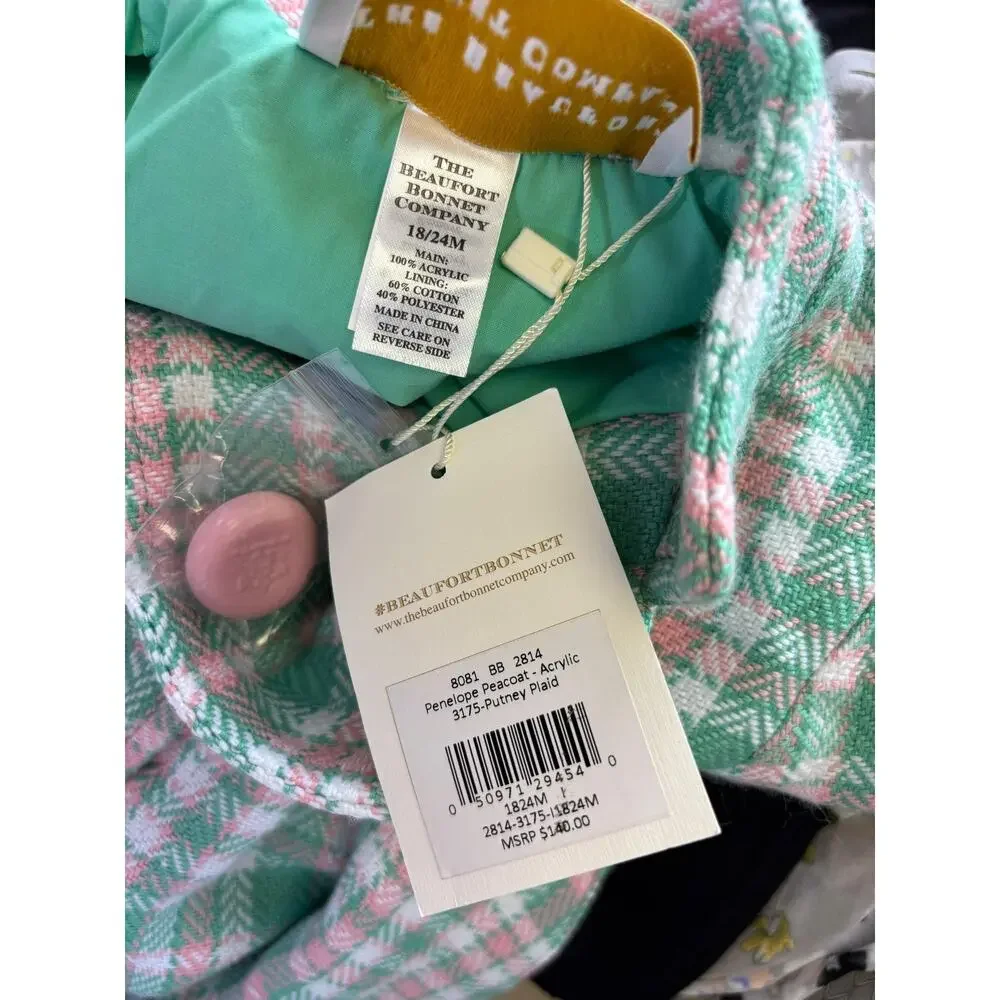 The Beaufort Bonnet Company Coat Girls 18-24 Months Green Plaid Lined Peacoat